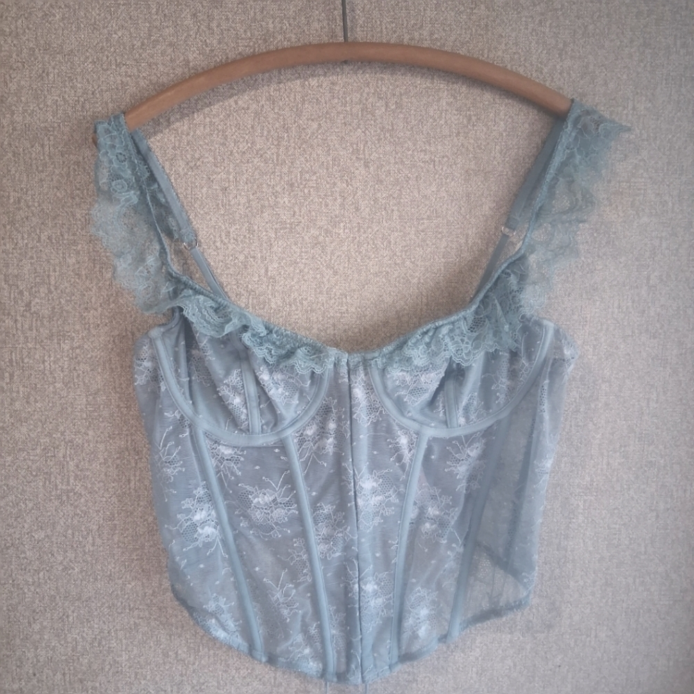 Blu Corset Lace Top Lined Cups Out From Under XL Feminie Coquette Festival Fairy